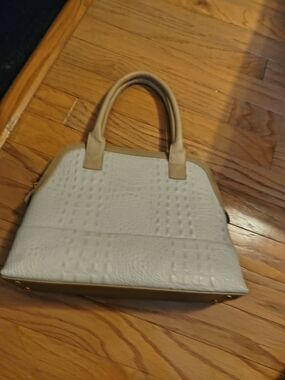 Cream Croc-Embossed Satchel with Tan Trim